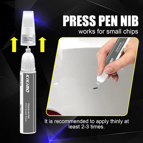 Close-up of a person using the Mercedes-Benz Alpine Grey 956 Touch Up Paint Kit With 2 In 1 Scratch Repair Pen And Brush for small chip repair.