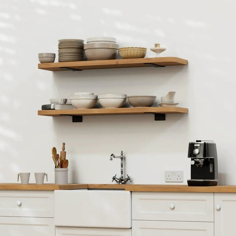 Heavy Duty 6 Inch Floating Shelf Bracket Set, 4 Pack, Rustic Industrial Hidden Metal Shelf Brackets in kitchen with dishes