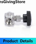 Stainless steel NPT needle valve with 1/4 inch female port and knurled black adjustment knob, side view.