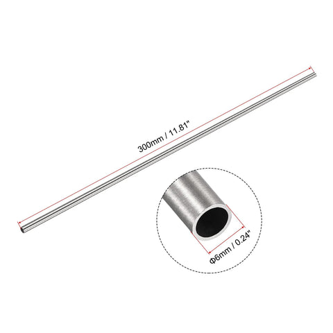 Side view of uxcell 304 stainless steel round tube, 6mm OD, 0.5mm wall, 300mm length, 3 pcs; close-up shows cross-section.