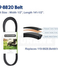 119-8820 belt with dimensions and materials used, featuring polyester cotton fabric and aramid tensile cords for lawn mowers