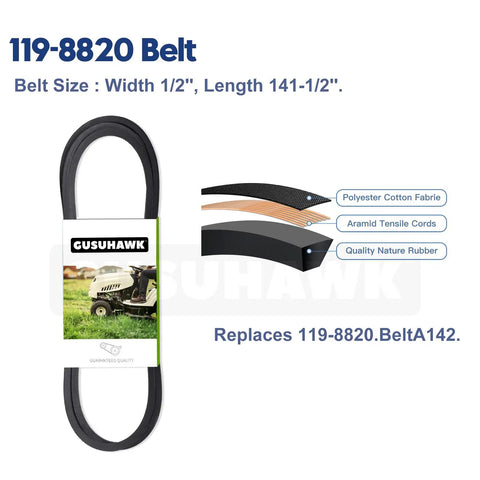 119-8820 belt with dimensions and materials used, featuring polyester cotton fabric and aramid tensile cords for lawn mowers