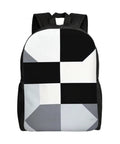 Slick Black And White Piano Grid Laptop Backpack Crafted From Heavy Duty Waterproof Oxford Cloth With Ultra Plush Straps front view.