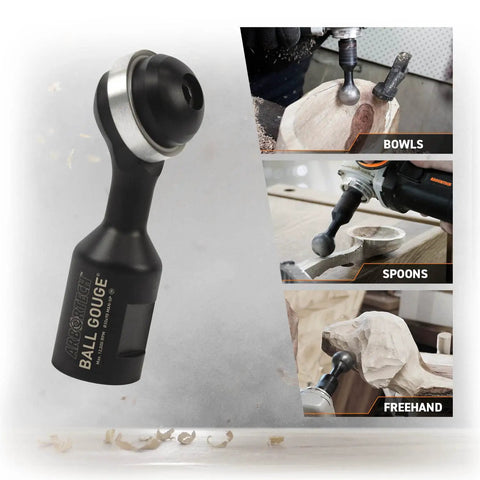 Ball Gouge Attachment for Angle Grinder Pro Grade Power Carving Tool for Hollowing Small Concave Surfaces 30 Millimeter Diameter Self Sharpening Rotatable Replaceable Blade Arbortech BAL FG 2000 shown with examples of use on bowls, spoons, and freehand carving.