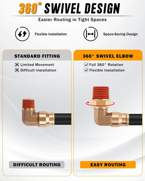 Kickstart Your Garage Projects With This Awesome 84 Pc Dot Brass Air Line Fittings Kit Featuring Push Connect And NPT Tees Unions Elbows For Quick Reliable Pneumatic Repairs 360° swivel brass elbow