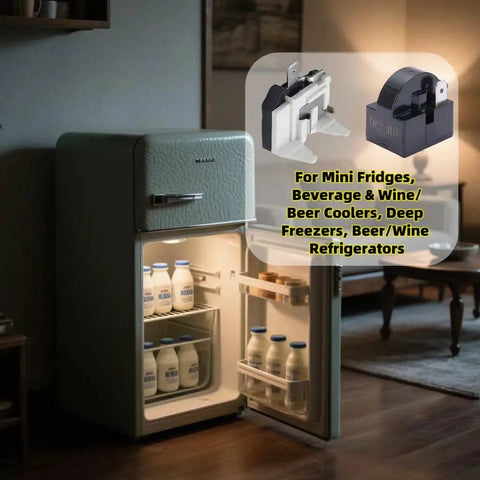 4.7 Ohm 1 Pin PTC Compressor Start Relay Overload Kit Replacement for Mini Fridges and Compact Refrigerators displayed near fridge
