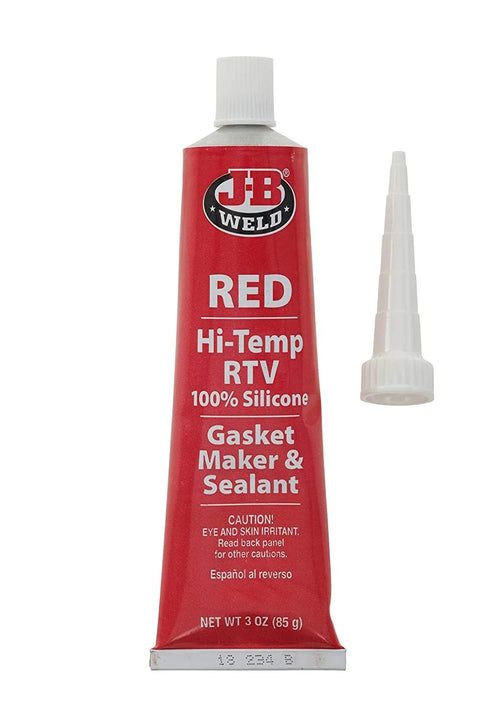 J-B Weld red Hi-Temp RTV gasket maker and sealant tube, 3 oz, front view