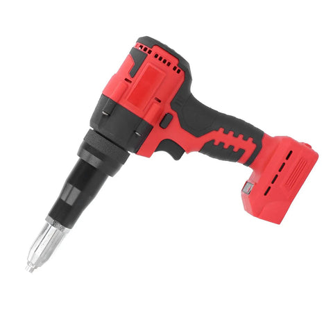 Professional Cordless Rivet Gun Kit With Built-In LED Light For Quick Metalworking And Automotive Repairs Featuring 18V Battery Powered Operation And 20Mm Stroke For Reliable Fastening On Any Job Site, red black body