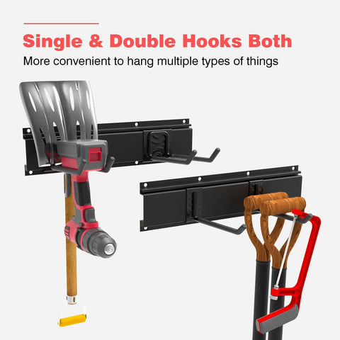 Wall Mounted Garage Tool Organizer System With 64 Inch Heavy Duty Rack and Wall Storage, aluminum rails, steel hooks