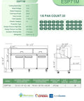 Heavy Duty Commercial Workhorse Food Prep Table Refrigerator With Three Door Stainless Steel Mega Top ETL 17 Cubic Feet dimensions and specs diagram.