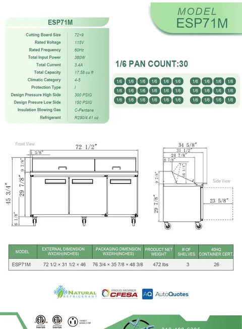 Heavy Duty Commercial Workhorse Food Prep Table Refrigerator With Three Door Stainless Steel Mega Top ETL 17 Cubic Feet dimensions and specs diagram.