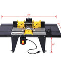 Beefy Benchtop Router Table Built Tough With Sturdy Steel Stand Sliding Extension Tops Crank Adjustable Fence Flip Lock Safety Guard Precision Miter Gauge For Smooth Woodworking Projects, top view showing dimensions.