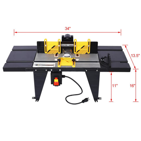 Beefy Benchtop Router Table Built Tough With Sturdy Steel Stand Sliding Extension Tops Crank Adjustable Fence Flip Lock Safety Guard Precision Miter Gauge For Smooth Woodworking Projects, top view showing dimensions.