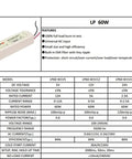 Rugged 12V 60W Waterproof LED Power Supply with 5A Switch Driver, AC to DC LED Transformer, 110V/220V Compatible, High Efficiency Outdoor Lighting Driver for Signs, Shelters, and Garden Projects; spec sheet view