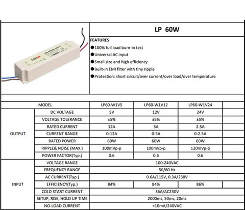 Rugged 12V 60W Waterproof LED Power Supply with 5A Switch Driver, AC to DC LED Transformer, 110V/220V Compatible, High Efficiency Outdoor Lighting Driver for Signs, Shelters, and Garden Projects; spec sheet view