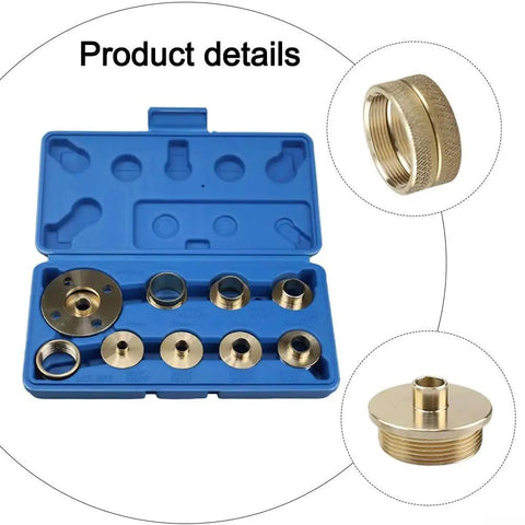 Hella Precise 10 Piece Brass Router Guide Bushing Set Featuring Slick Template Base Plate And Rock Solid Centering Pin For Top Shelf Woodworking Tasks And Universal Machine Fit in blue case.