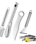 Four Piece Stainless Steel Fish Scaler Set With Serrated Blade Design displayed with fresh fish and lemon slices.