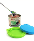 Universal Silicone Can Lids For Dog And Cat Food, 3 Pack With Spoon, Multi Colored Set, open can, and spoon visible