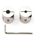 Front view of two aluminum 5x8mm shaft couplings (25mm dia, 30mm long) with hex key