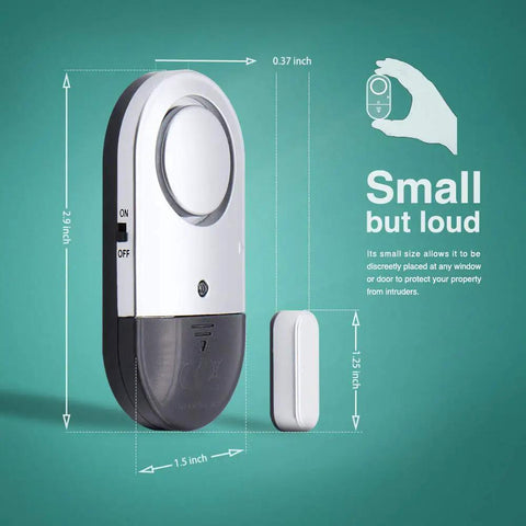 120 dB Door And Window Alarm Sensor Kit 3 Pack for Home Safety, detailed dimensions and compact size on green background