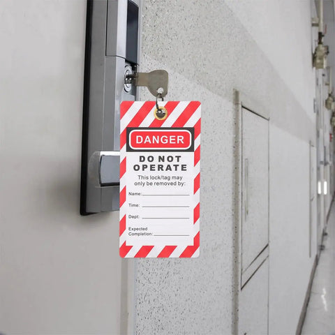Industrial Safety Lockout Tags Kit 6 Pcs Hanging Do Not Operate Labels attached to factory equipment lock