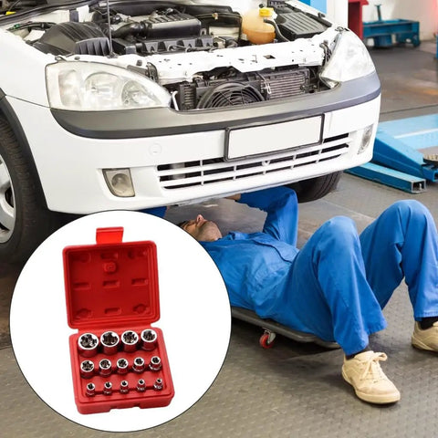 Mechanic using 14-Piece Female E-Star Socket Set E4 To E24 Drive With External Hex Sleeve Kit for car repair under vehicle