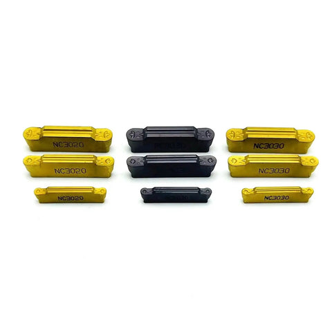 10 Piece Beefy Pro Grade Carbide Turning Inserts For CNC Lathe Tooling MRMN200 300 400 PC9030 shown in two rows, gold and black coated.