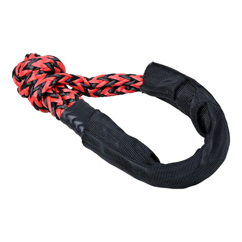 Black and red intertwined soft shackle with protective sleeve, part of the Four Piece Intertwine Black And Red Soft Shackle Rope Set