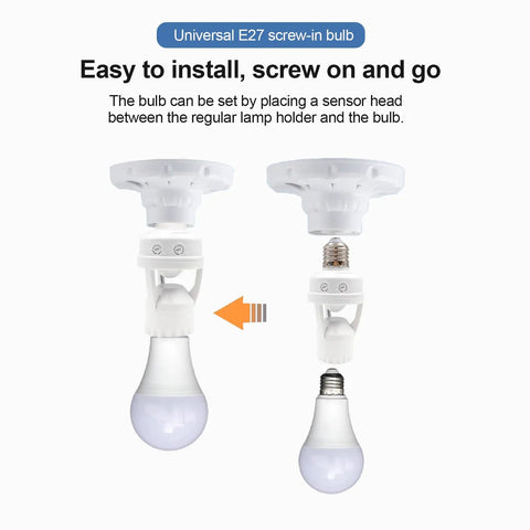 PIR Motion Sensor Light Socket E26 E27 Smart Lamp Holder Auto On Off For Garage Basement Porch And Storage Room, No Tools Needed, Easy Screw In Install, Turns Any Bulb Into Motion Activated Lighting, 1 Pack, E27 screw-in bulb holder with light bulb