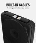 Solid Pick 20W Magnetic Power Bank With Built In Cables 10000mAh showing integrated fast charging cables on a sleek black design.