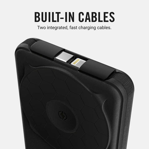 Solid Pick 20W Magnetic Power Bank With Built In Cables 10000mAh showing integrated fast charging cables on a sleek black design.