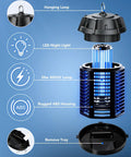 All Season Bug Zapper For Indoor And Outdoor Use With 4200V Electric Grid Waterproof Mosquito Killer 365nm UV Light 20W Power One Button Easy Operation For Home Patio Yard Camping with exploded view showing components including LED light, housing, and tray.