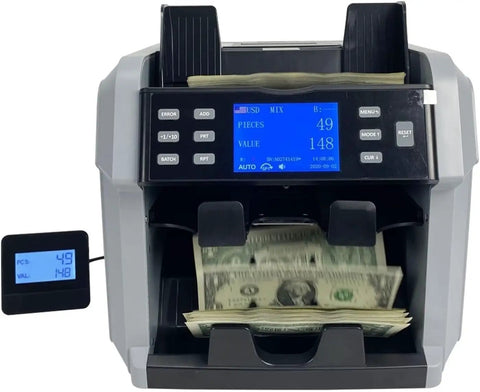 Heavy Duty Money Counter Machine Processes Swift Cash Bills Automatic Denomination Sorting Serial Number Reading Built In Printer Handles Global Currency Straight Up Accuracy with TFT monitor showing bill count.