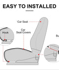 Diagram showing installation steps for 2 Pack Universal Front Seat Covers With Storage Pockets and buckles on car seats.