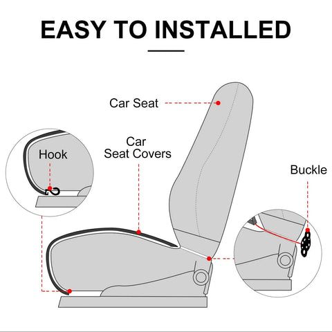 Diagram showing installation steps for 2 Pack Universal Front Seat Covers With Storage Pockets and buckles on car seats.