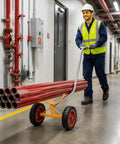 Rock Solid Heavy Duty Pipe Cart With Solid Tires Steel Bar Cradle Supports 800 Lb for moving 300 mm pipes in construction site.
