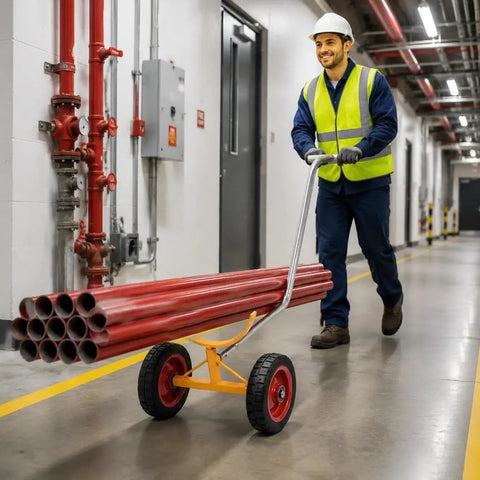 Rock Solid Heavy Duty Pipe Cart With Solid Tires Steel Bar Cradle Supports 800 Lb for moving 300 mm pipes in construction site.
