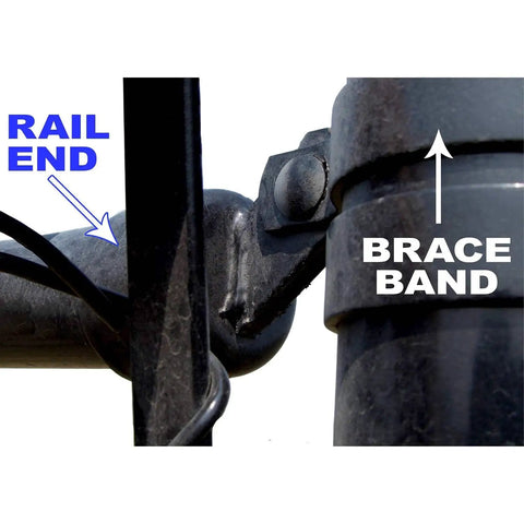 Top Rail End Cap For Chain Link Fence Black Powder Coated One And Three Eighths Inch Outside Diameter Top Rail Fits CQ20 DQ40 Pipe Attaches Top Rail To Terminal Post Easy Install For Quick Fence Finishing installed view with brace band on post.