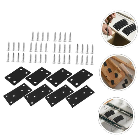 Heavy Duty Stainless Steel Corner Braces Rock Solid Wood Joint Connectors set, including flat mounting plates and screws for installation.