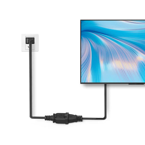 Two Prong Extension Cord With Two Outlets Three Foot Polarized Power Cable 125V 10A NEMA 1-15P To 1-15R Black connected to TV