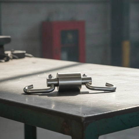 Heavy Duty Stainless Steel Swivel Rotation Joint Goes Like Butter For Dockside Hoists Workshop Rigs And Nautical Gear No Sweat Rust Proof Connector Fits Size Two Tubing on a worktable.