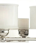 4 Light Bath Vanity Wall Light in Polished Nickel Finish, 32.5 Inch Wide, with etched glass shades and metal bar