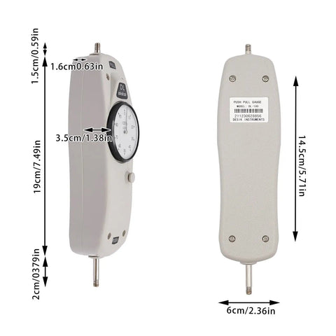 100Lb Push Pull Force Gauge Handheld Tester For Measuring Push And Pull Forces With High Accuracy Within Five Tenths Of A Percent And Lightweight Portable Design, side and back view with dimensions