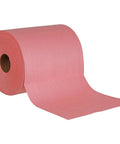 Heavy Duty Red Quick Rags Jumbo Roll For Industrial Cleaning 475 Sheets Per Roll One Roll Per Case, shown unrolling
