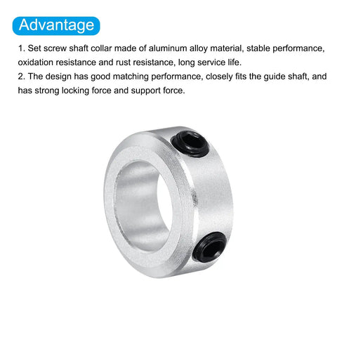 Aluminum Shaft Collar Set Screw Clamping Style, 12mm and One Half Inch Bore, Silver Finish, shown close-up with design features
