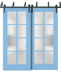 Interior Barn Bypass Sliding Doors With Frosted Glass And Solid Wood, 84 By 96 Inches, Black Finish, Classic Style, Hardware Included