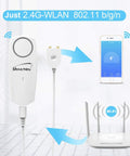 Water Leak Alarm Sensor With 100dB Siren, Smart Leak Detector With Tuya App Remote Monitoring, 5.9 Ft Detection Line, Mute Mode And 6 Ringtones, SMS And Phone Alerts For No Fuss Home Protection, showing device connectivity to smartphone and router.