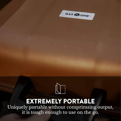 Tabletop Propane Grill With Large Cooking Surface, Heat Resistant Handles, Easy Temperature Control Knob, Portable Gas Grill For RV, Camping And Home, Grillin Ready On The Go, Tan Brown - close-up of grill lid and branding