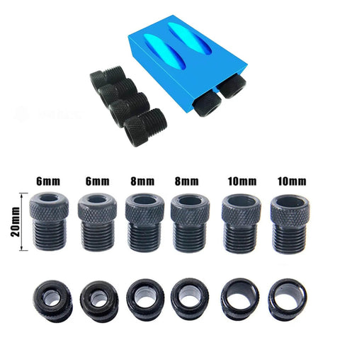 15 Degree Pocket Hole Jig Kit For DIY Woodworking Projects featuring blue jig, drill adapters in varied sizes