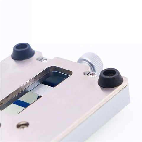 Close-up of Pro Grade Multifunctional Phone Repair Jig Clamp Fixture With Fixed Rotary Holder showing adjustable metal frame and knobs.